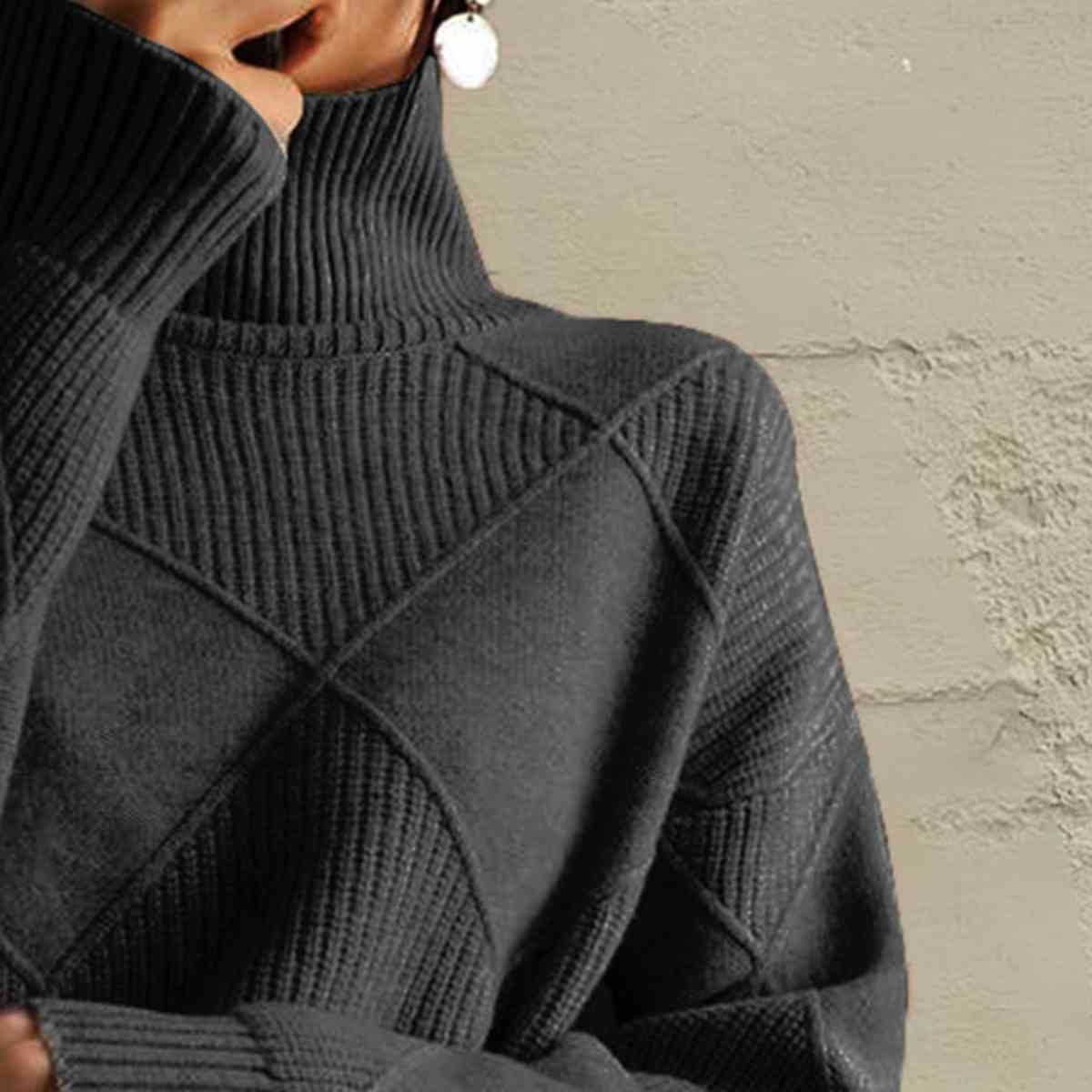 CD | Pulover chic cu guler tip broască țestoasă din tricot geometric