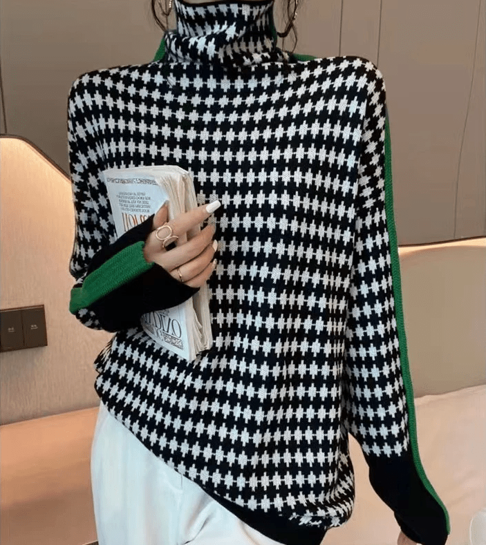 CD | Pulover elegant cu model în carouri albe și negre