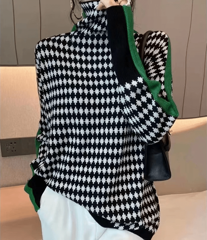 CD | Pulover elegant cu model în carouri albe și negre