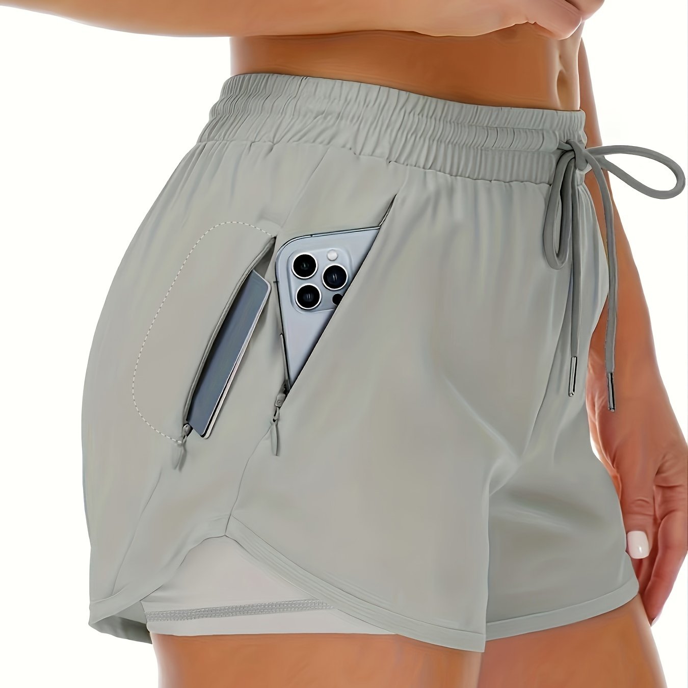 CD | Pantaloni scurți sport unicolor 2 în 1 cu mai multe buzunare