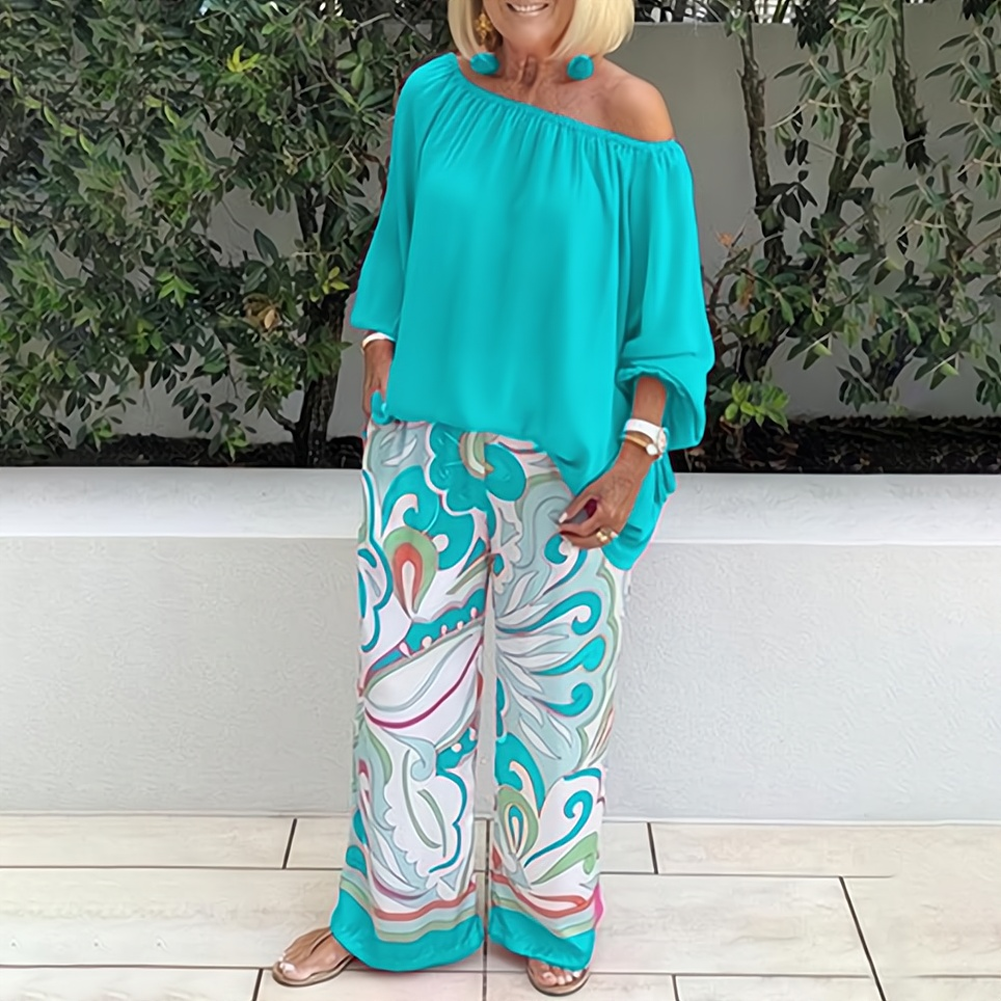 CD | Bluză fără umeri și pantaloni cu imprimeu elegant pentru femei