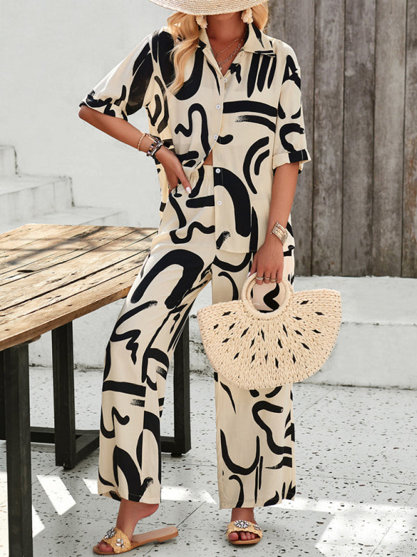 CD | New femei moda casual imprimat rever mânecă scurtă cămașă și pantaloni costum de vacanță