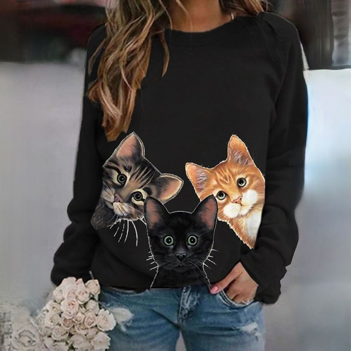 CD | Pulover elegant cu imprimeu pisică