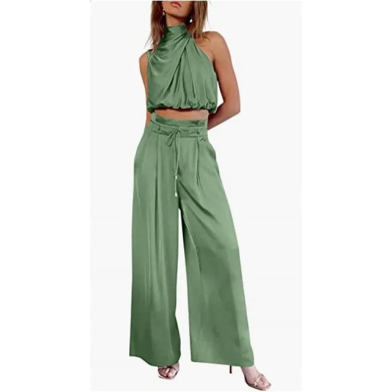 CD | Crop top cu halterneck și set de picioare largi