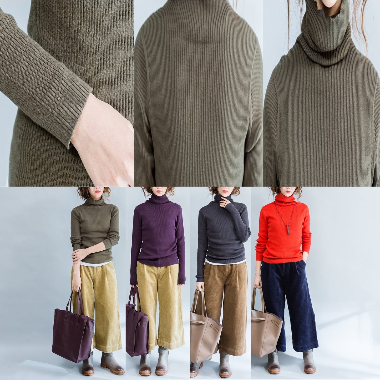 Orange High Neck Pullover Loose Knitted Sweaters Warm