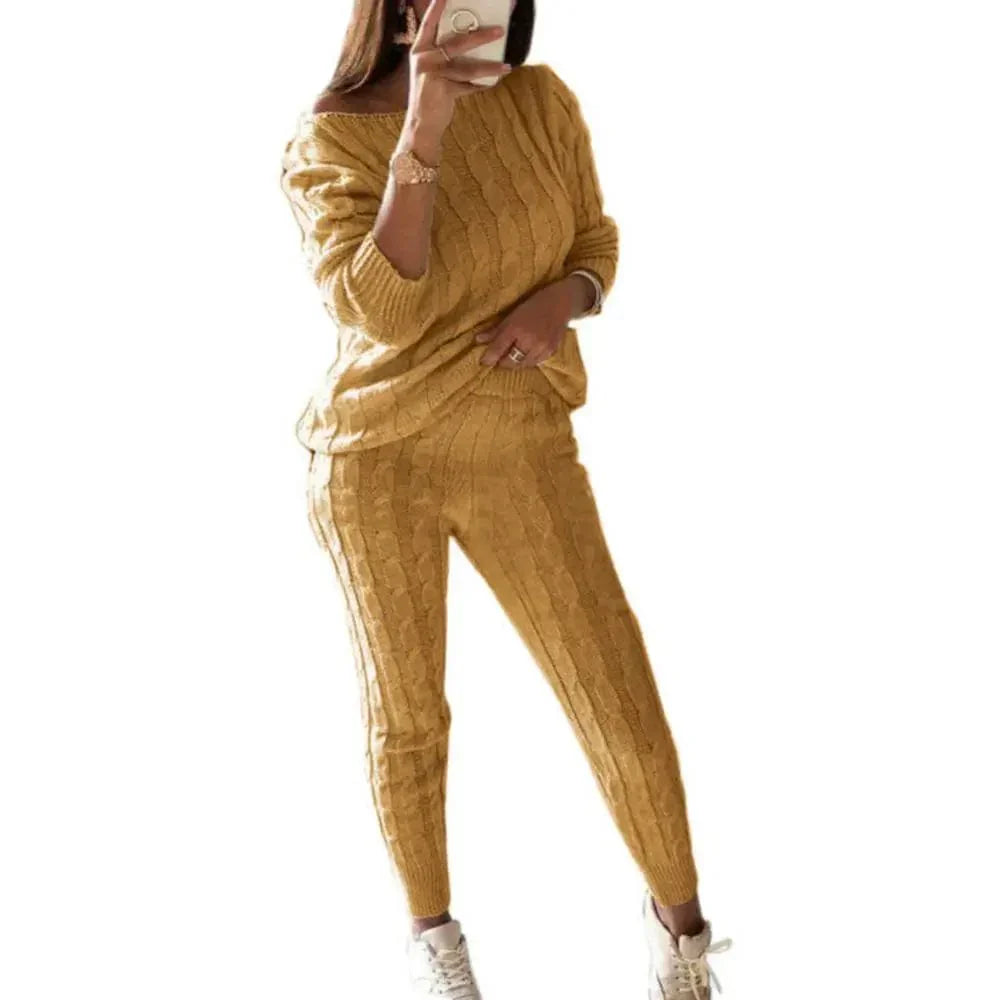 CD | MW - Costum tricotat lung din 2 piese pentru femei cu pulover gros
