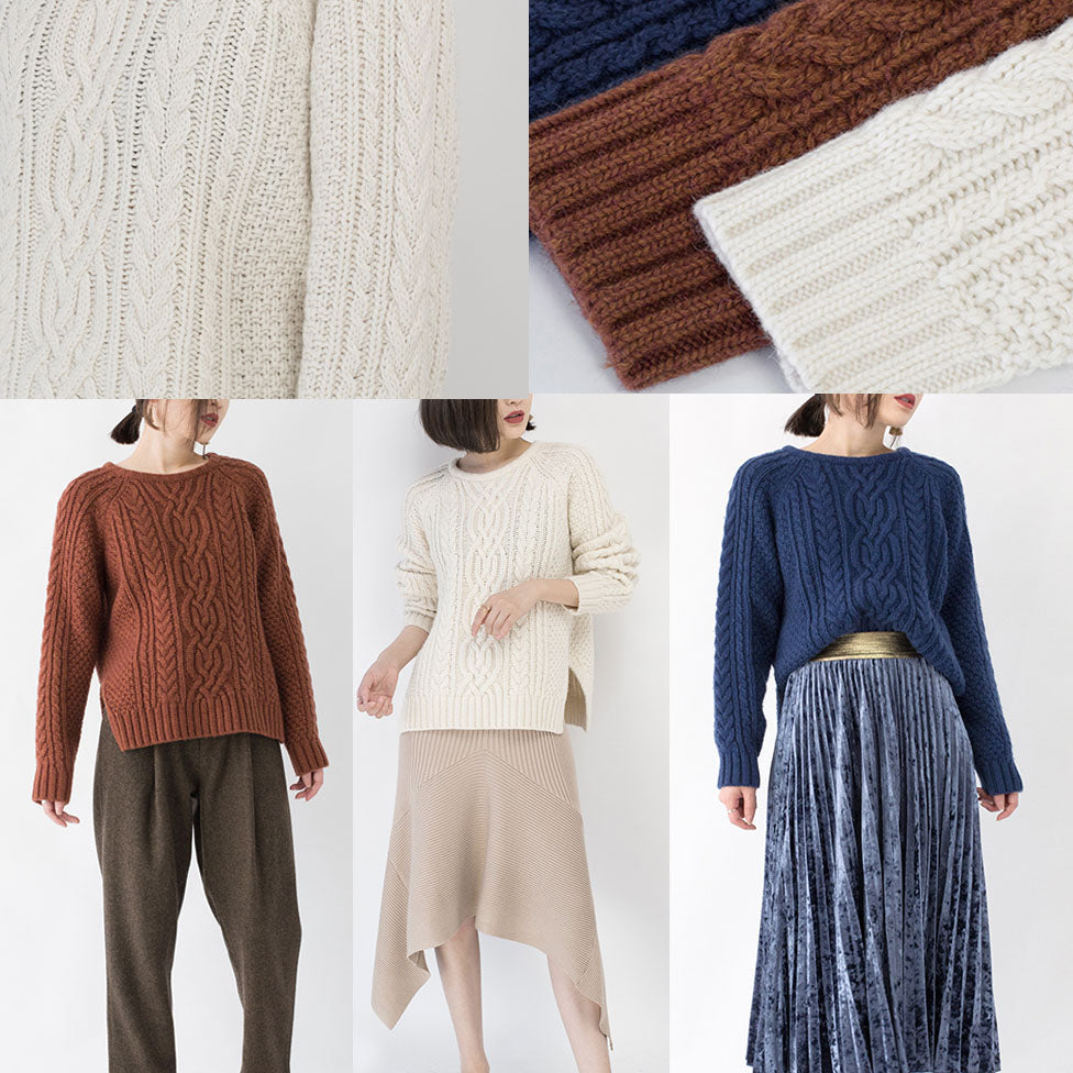 Stylish Blue Winter Sweater Clothing O Neck Side Open Sweaters Fine Cable Knit Winter Tops