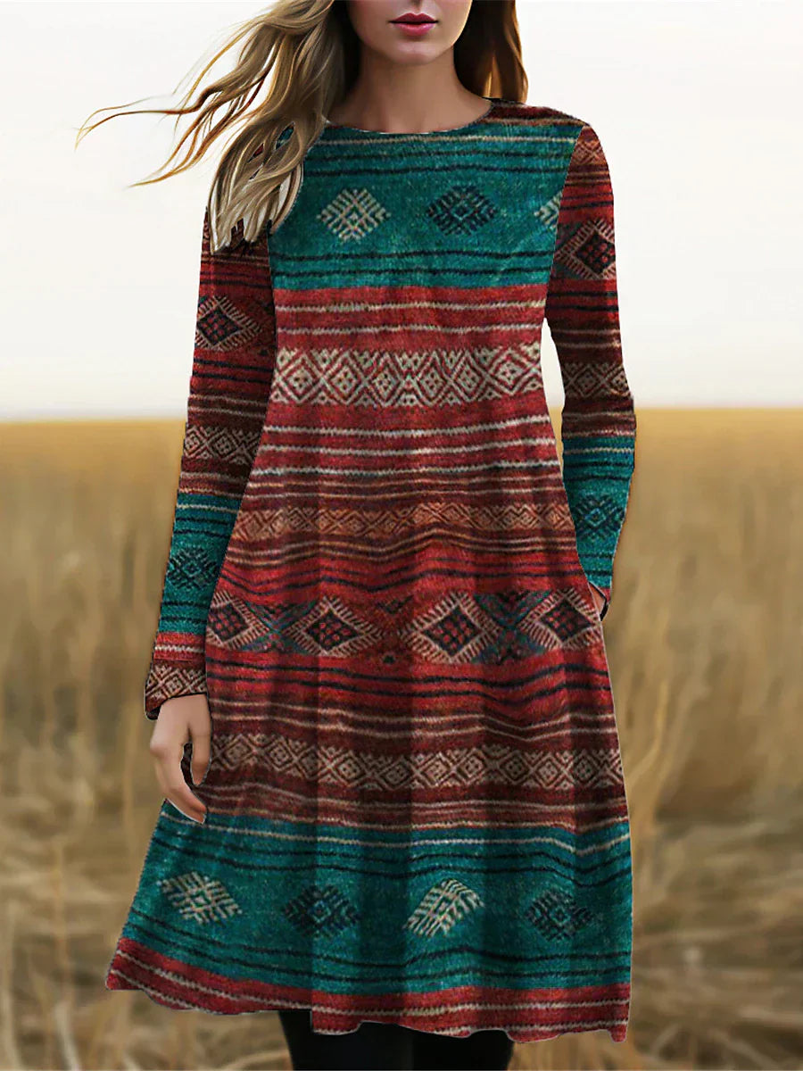 CD | Rochie midi cu mânecă lungă cu imprimeu boho
