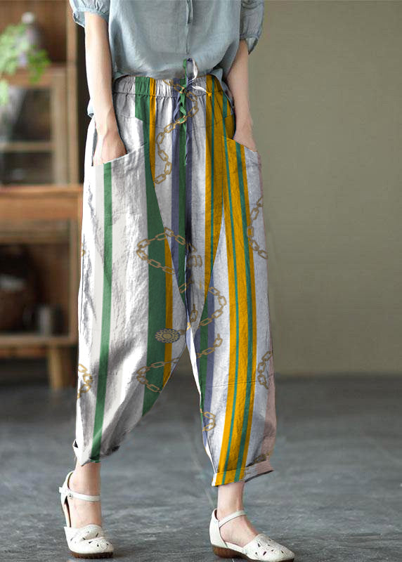 Art Black Flower Tie Waist Pockets Summer Harem Pants Linen