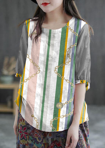 Green Bamboo Embroidered O-neck Half Sleeve Ramie Blouses Summer