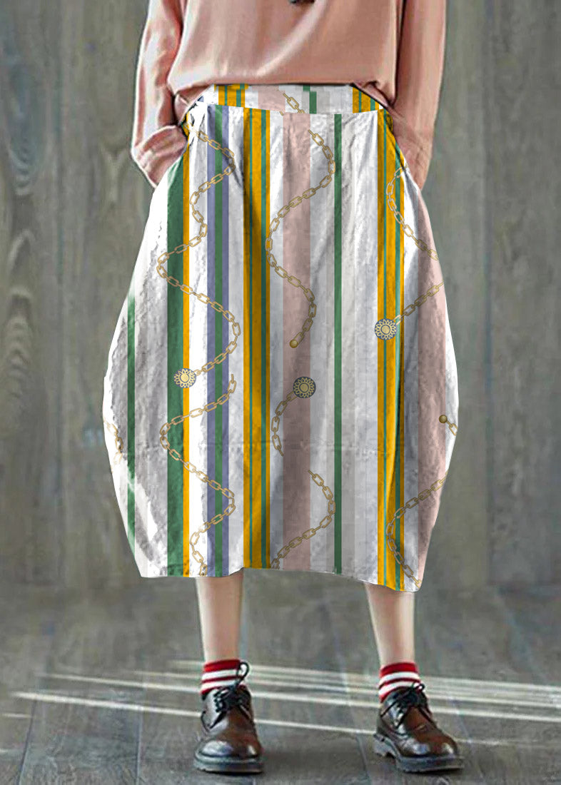 Boutique White Stripes Pockets Lantern Cotton Linen Summer Skirt