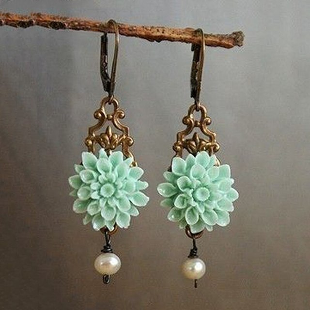 Boho Earrings With Turquoise Flower And Pearl