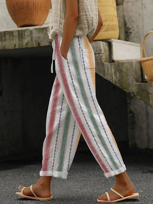 CD | Pantaloni casual pentru femei cu model retro cu dungi și croială lejeră