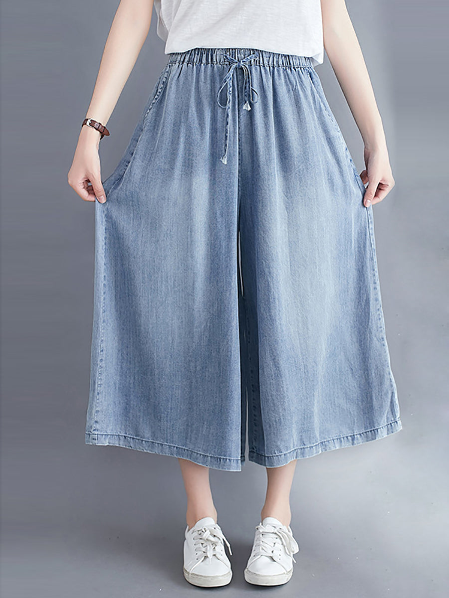 Washed Drawstring Wide-leg Denim Pants