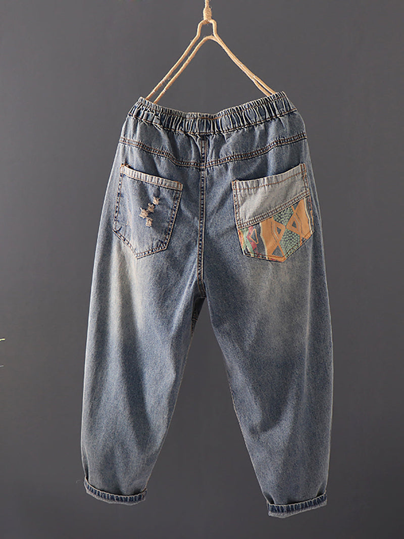 Summer Retro Embroidery Spliced Burrs Denim Pants