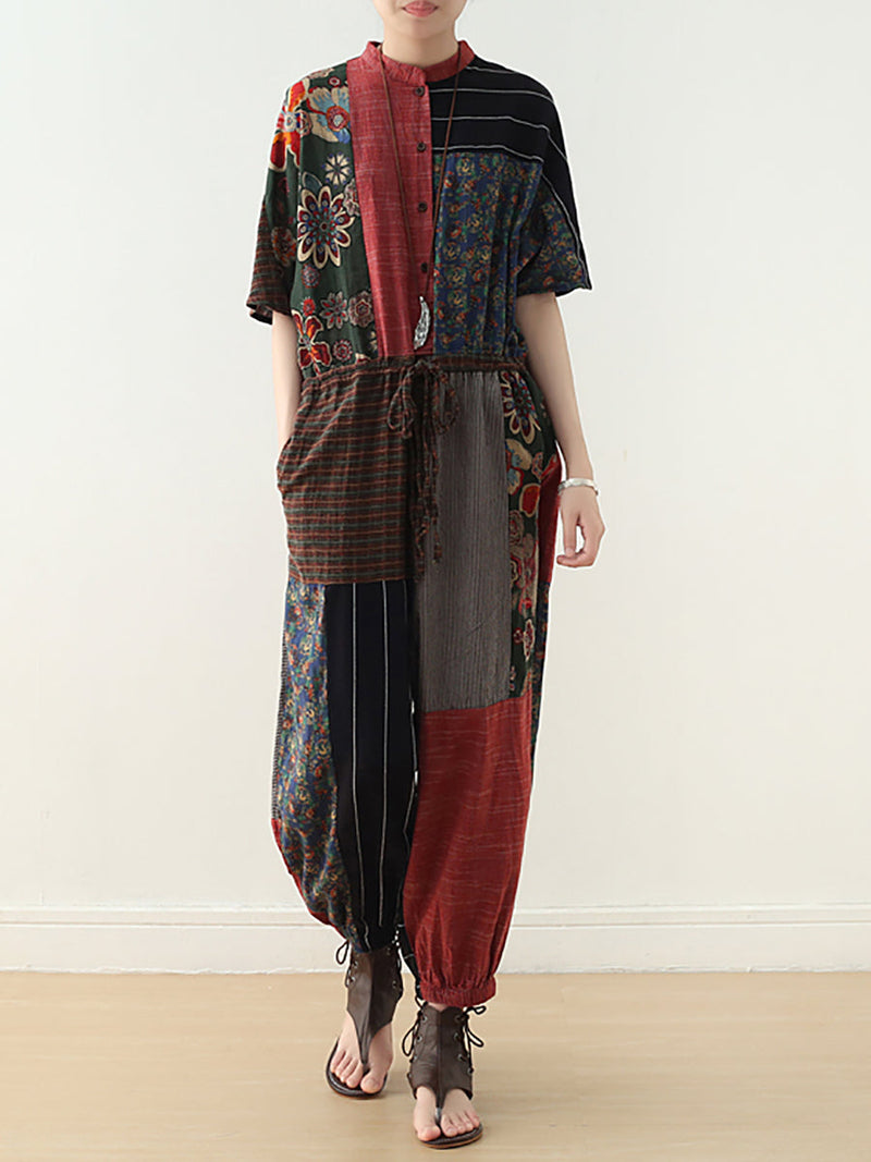 Summer Patchwock Drawstring Linen Jumpsuits