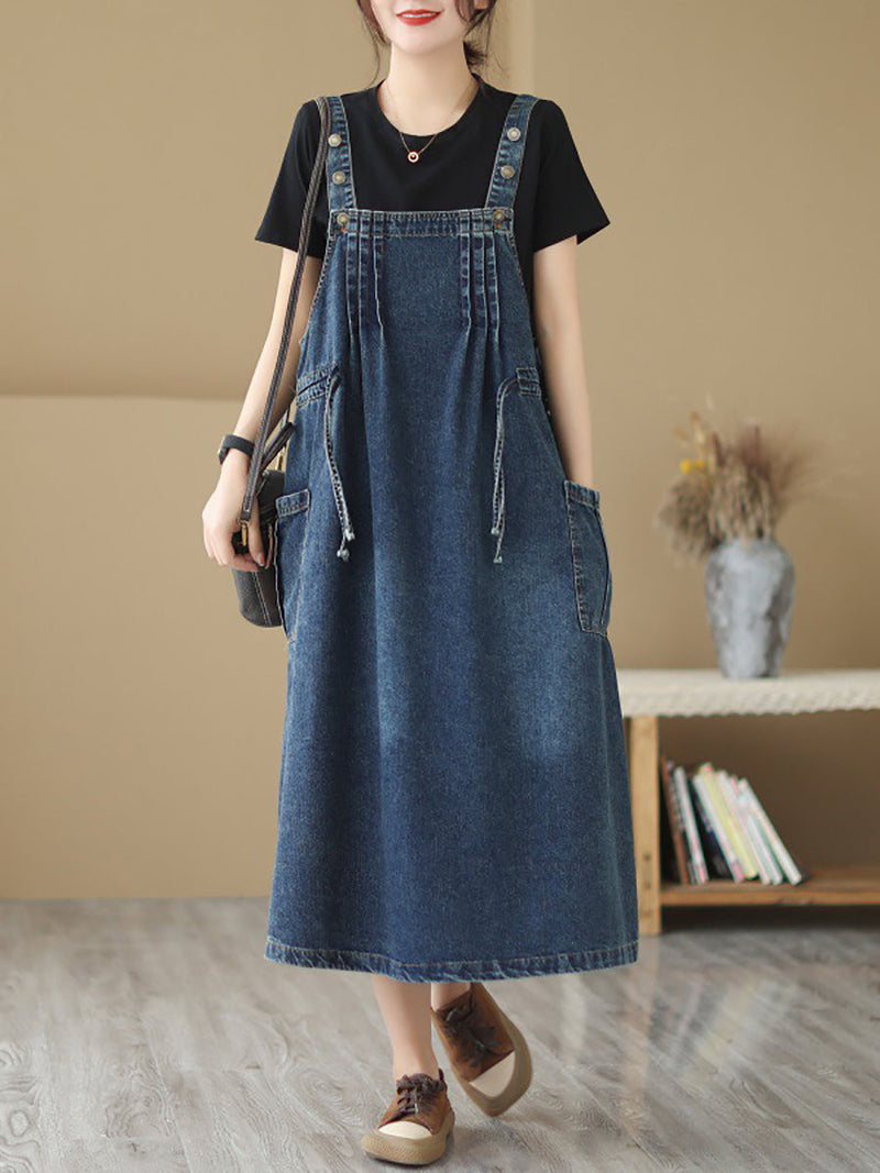 Summer Retro Pleat Drawstring Pocket Denim Dress