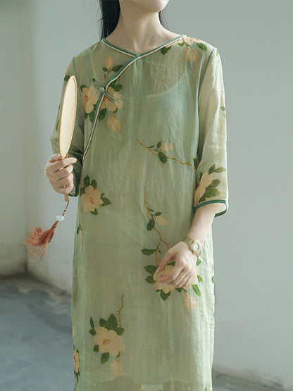 Artsy Flower Print Button Linen Robe Dress
