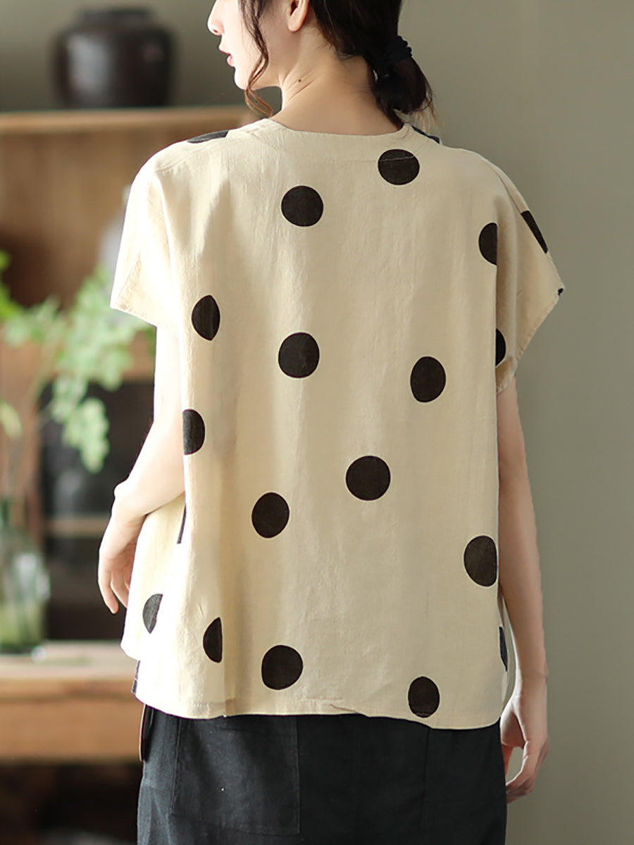 Commute Dot Loose V-neck Cotton Linen Shirt
