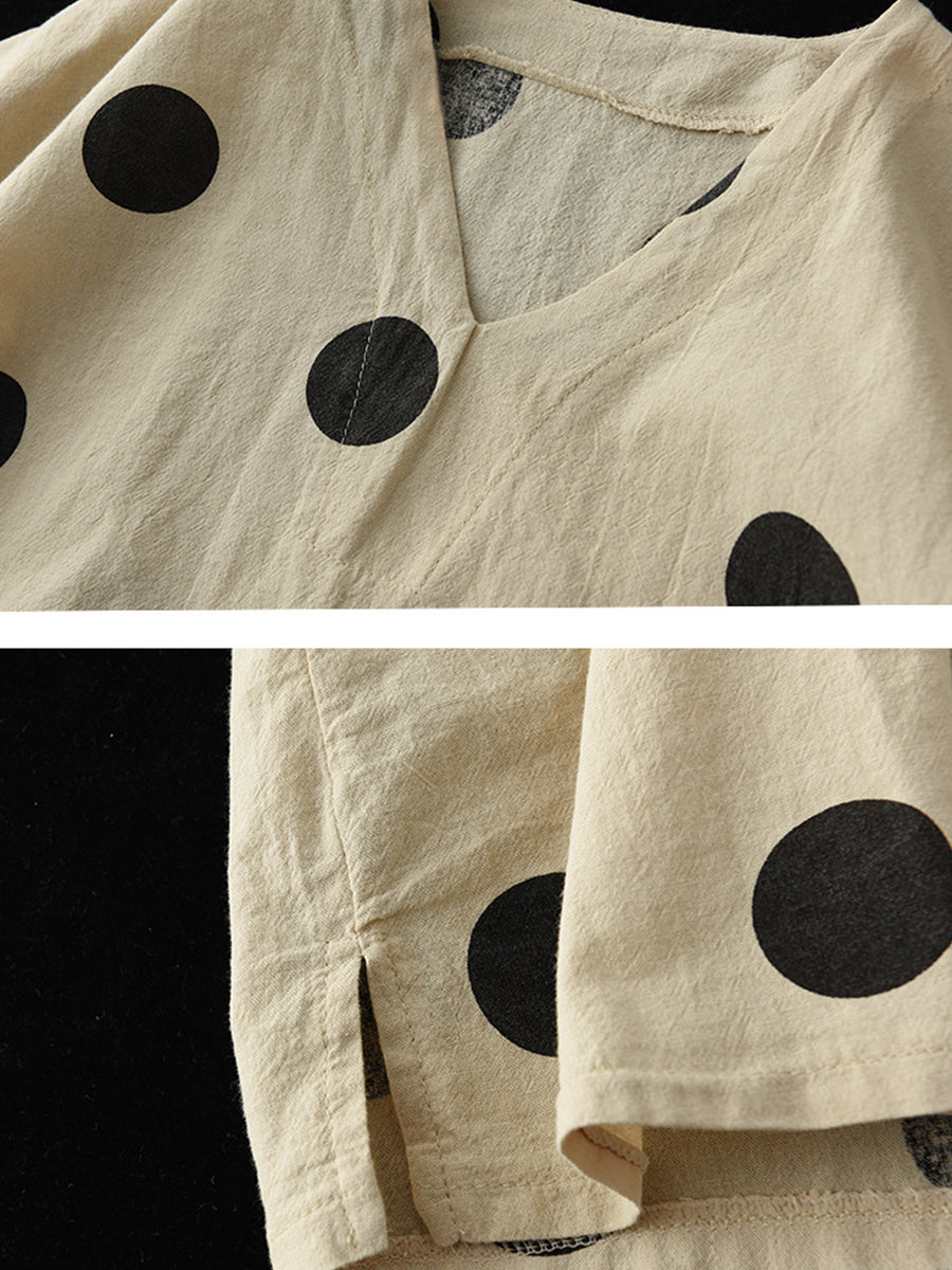 Commute Dot Loose V-neck Cotton Linen Shirt