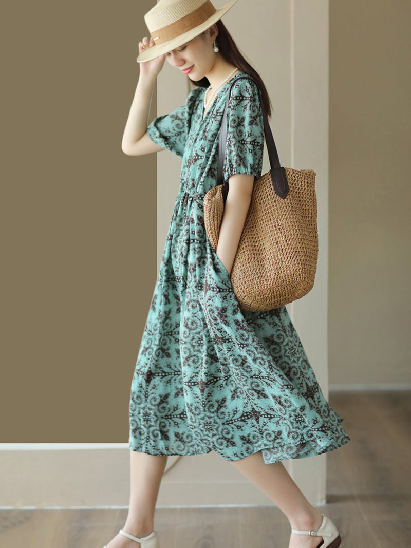Summer Artsy Flower V-neck High Waist Dress