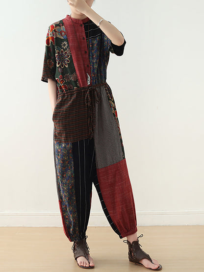 Summer Patchwock Drawstring Linen Jumpsuits