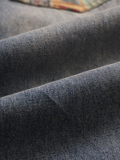 Summer Retro Embroidery Spliced Burrs Denim Pants