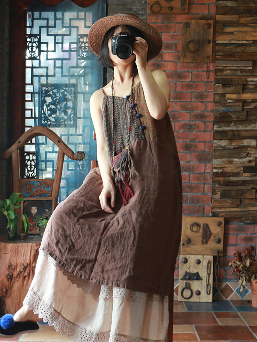 Retro Spliced Frog V-neck Slip Dress