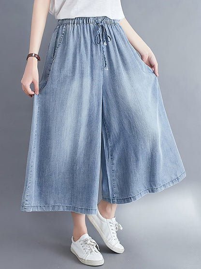 Washed Drawstring Wide-leg Denim Pants
