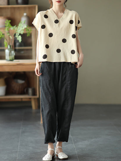 Commute Dot Loose V-neck Cotton Linen Shirt
