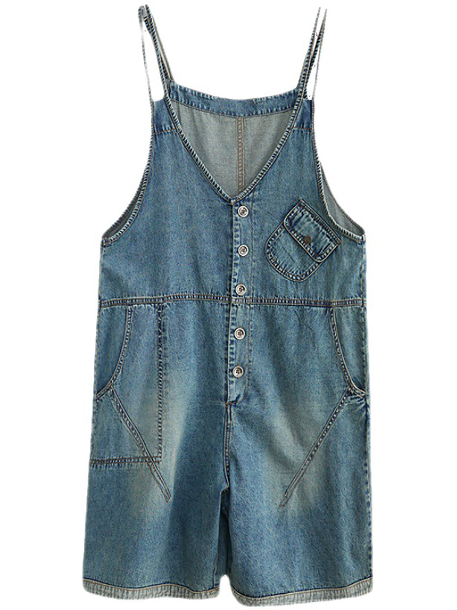 Washed Pocket V-neck Denim Jumpsuits