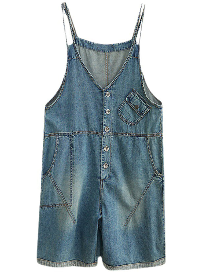 Washed Pocket V-neck Denim Jumpsuits