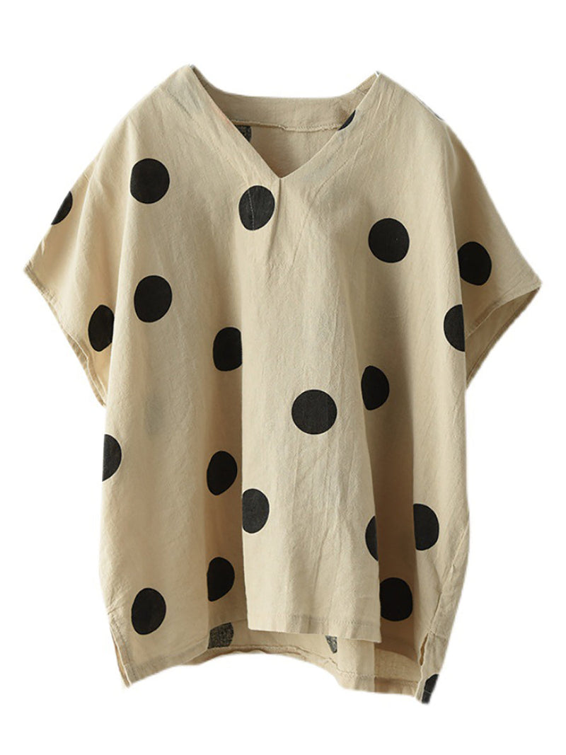 Commute Dot Loose V-neck Cotton Linen Shirt