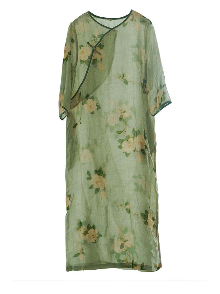 Artsy Flower Print Button Linen Robe Dress