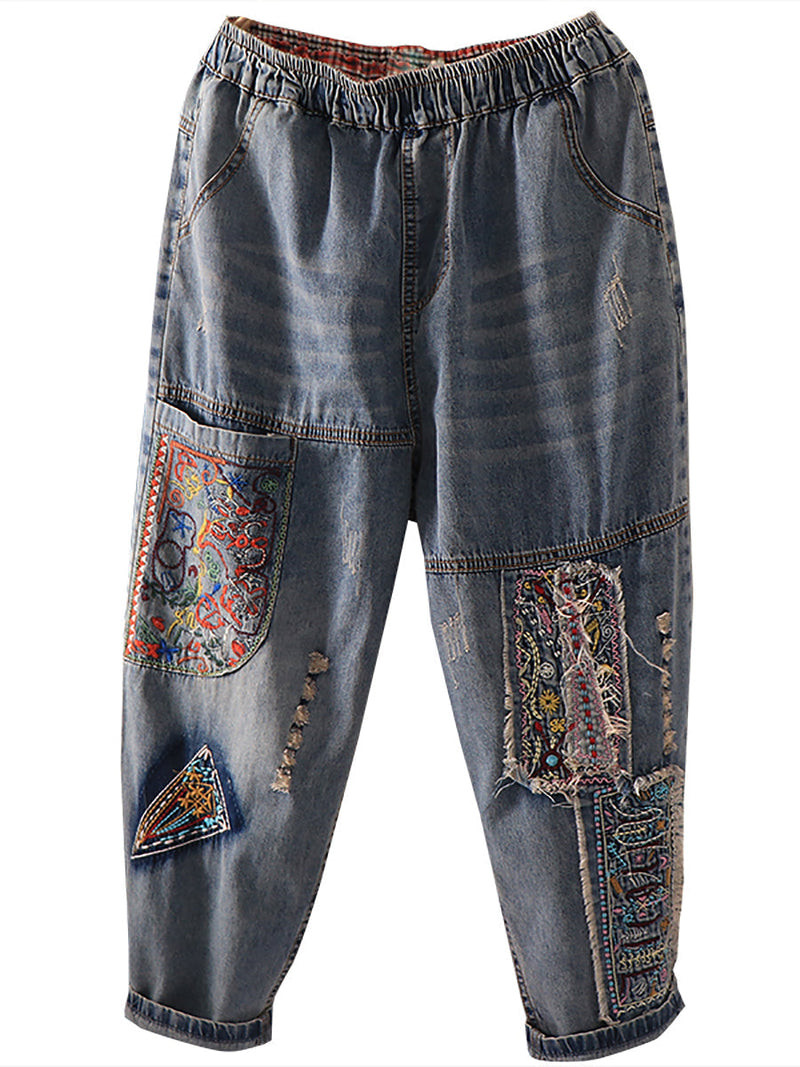 Summer Retro Embroidery Spliced Burrs Denim Pants