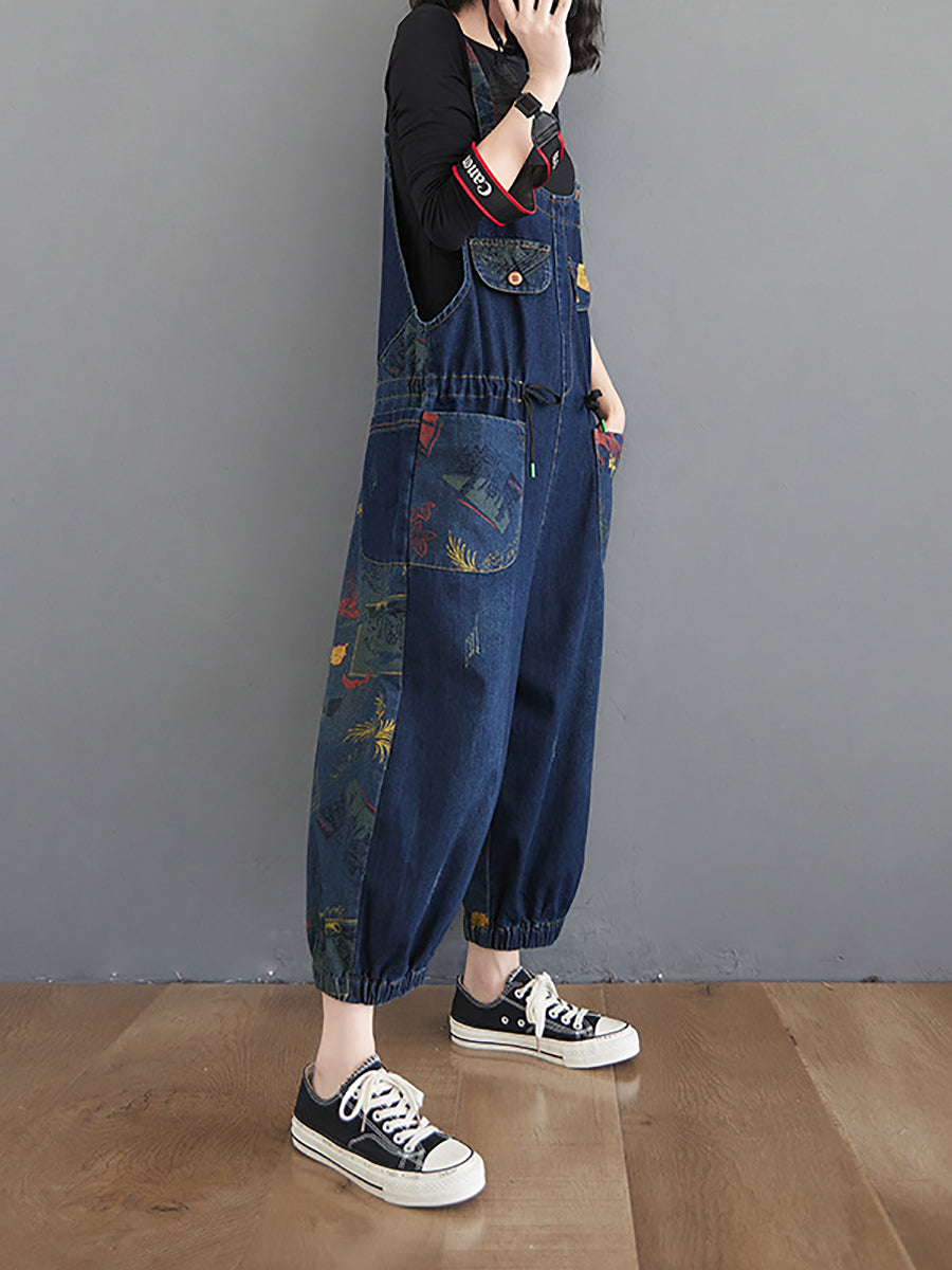 Retro Print Pocket Loose Spliced Denim Jumpsuits