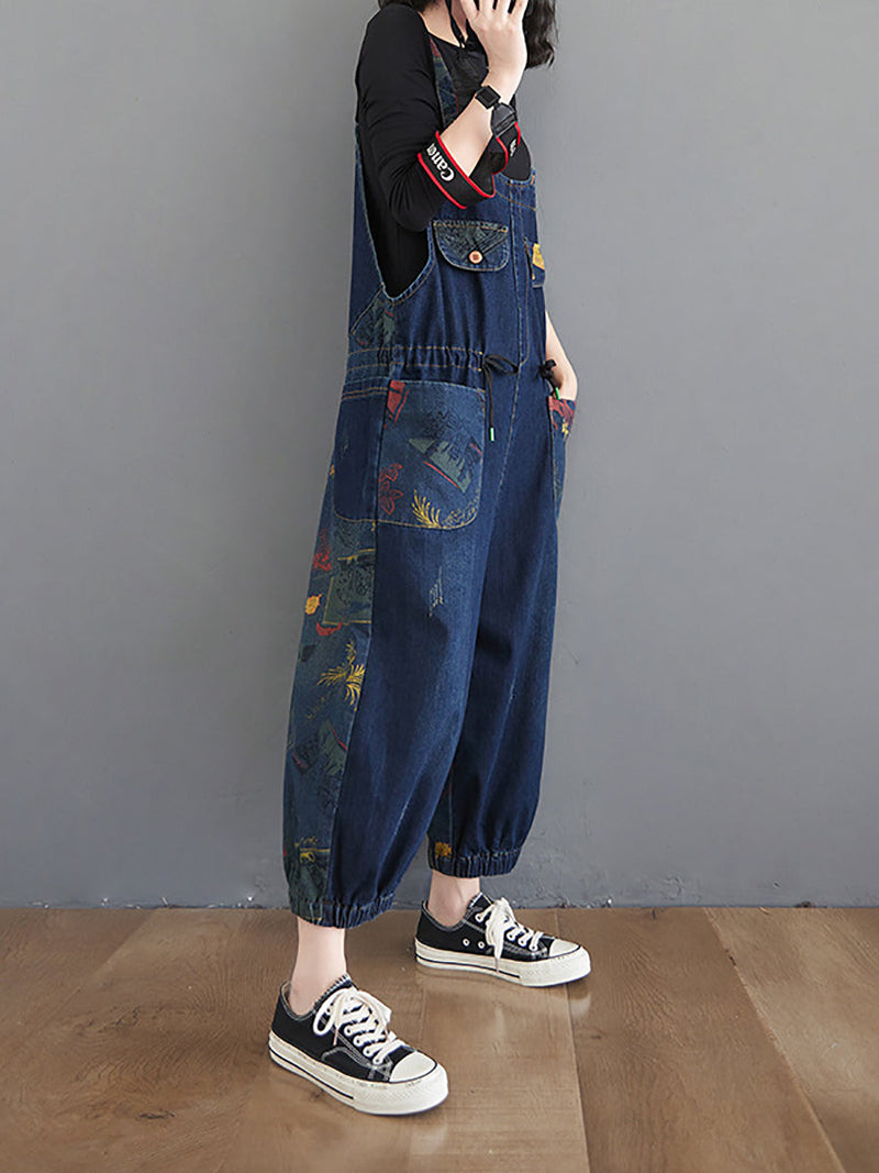 Retro Print Pocket Loose Spliced Denim Jumpsuits