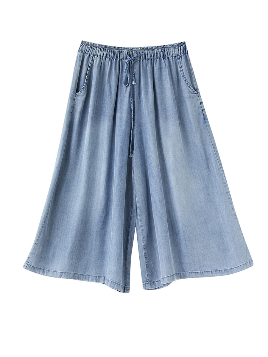 Washed Drawstring Wide-leg Denim Pants