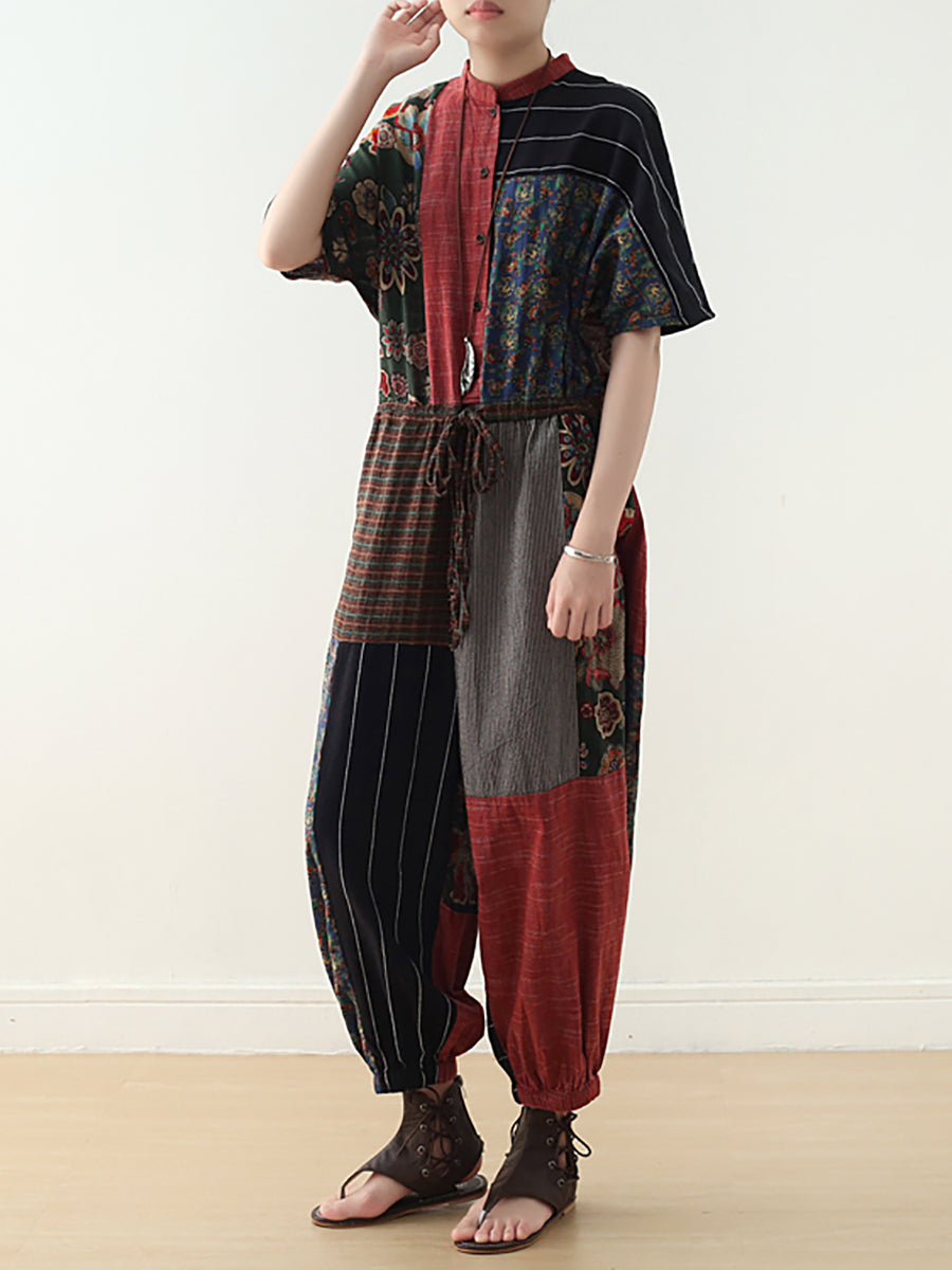 Summer Patchwock Drawstring Linen Jumpsuits