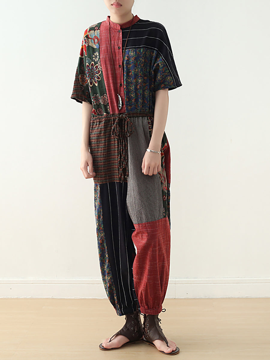 Summer Patchwock Drawstring Linen Jumpsuits