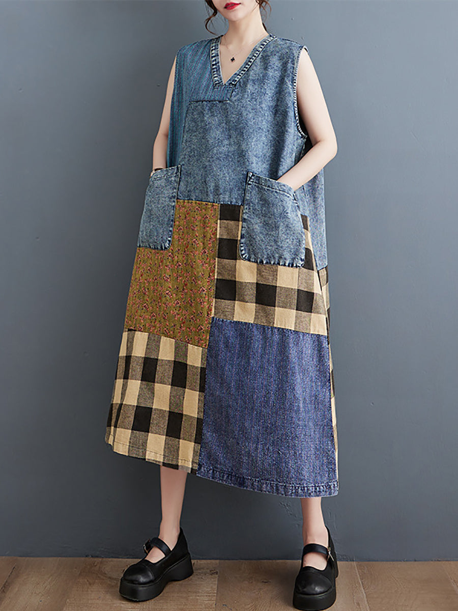 Summer Patch Spliced Pocket Denim Vest Dress