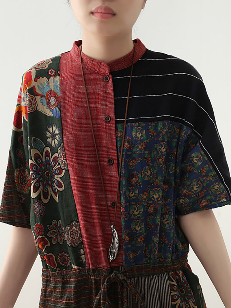 Summer Patchwock Drawstring Linen Jumpsuits
