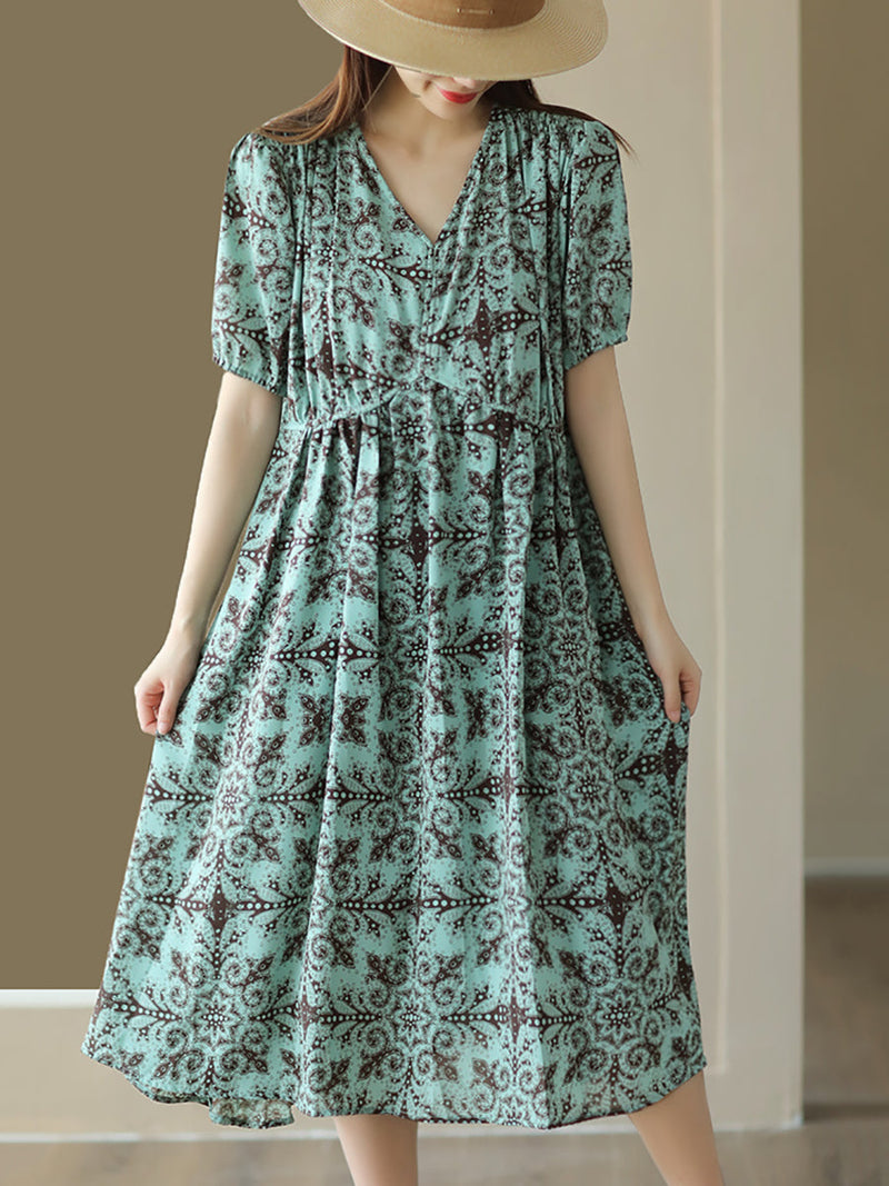 Summer Artsy Flower V-neck High Waist Dress