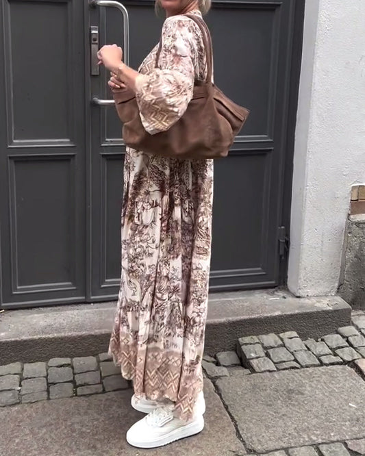 CD | Rochie cu imprimeu retro, mâneci lungi, pantaloni evazați