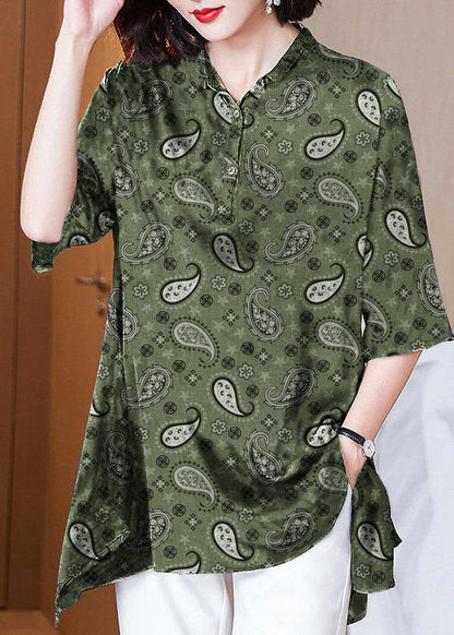 Italian Dark Blue Peter Pan Collar Button Asymmetrical Print Silk Tops Spring