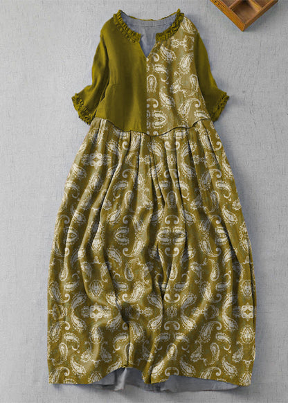 Fine Green Cashew Nuts V Neck Ruffled Patchwork Linen Dress Summer