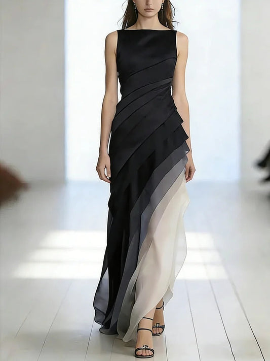 French Black High Waist Patchwork Tulle Maxi Dresses Sleeveless