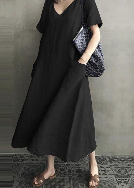 100% Cotton Short Sleeve V-neck Side Pocket Dress
