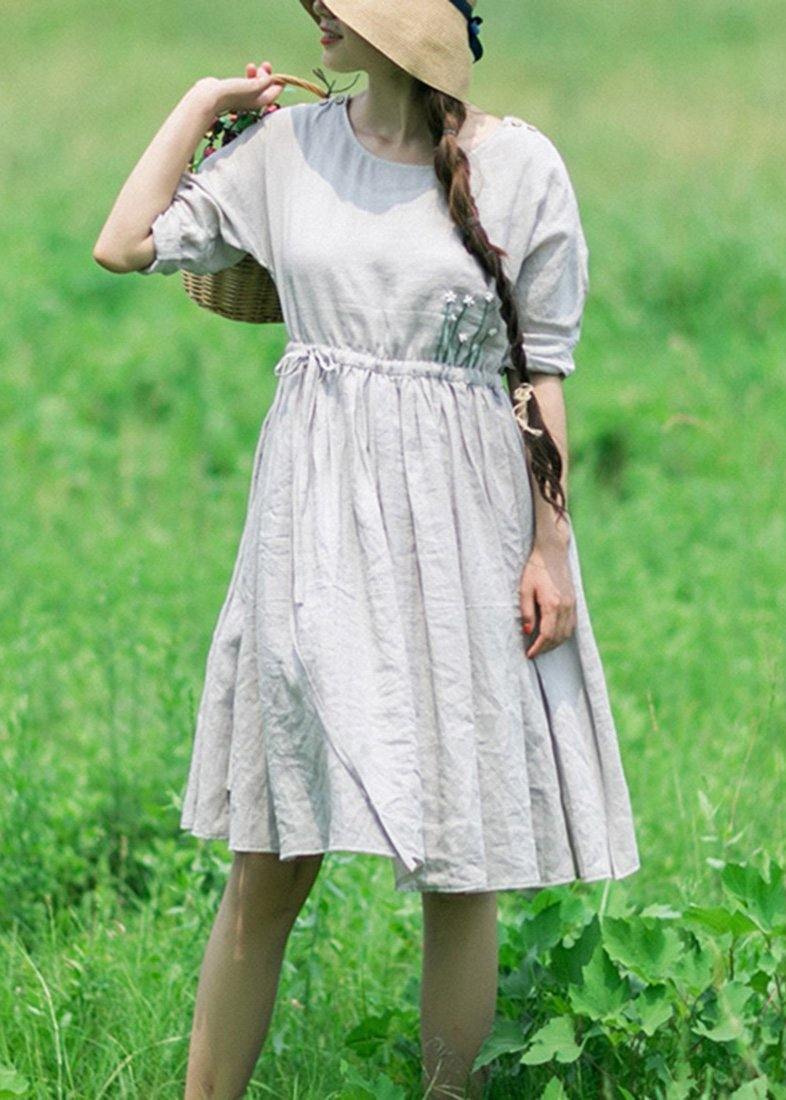 100% Gray Clothes O Neck Drawstring Traveling Dresses