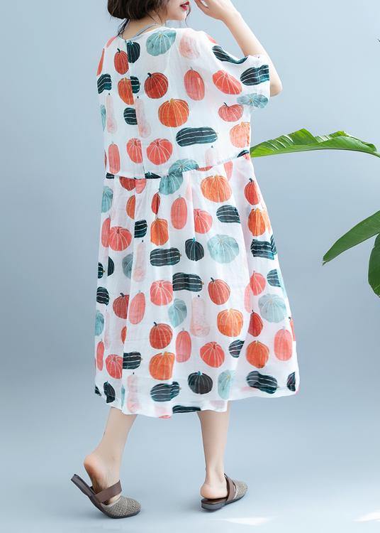 100% Pumpkin Print Robes O Neck Maxi Summer Dress